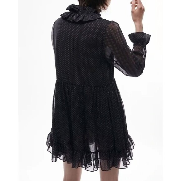 ZARA Ruffled Dress Size XL Black Micro Dot Ruffled Neck Sheer Ruffled Sleeves - Picture 8 of 16